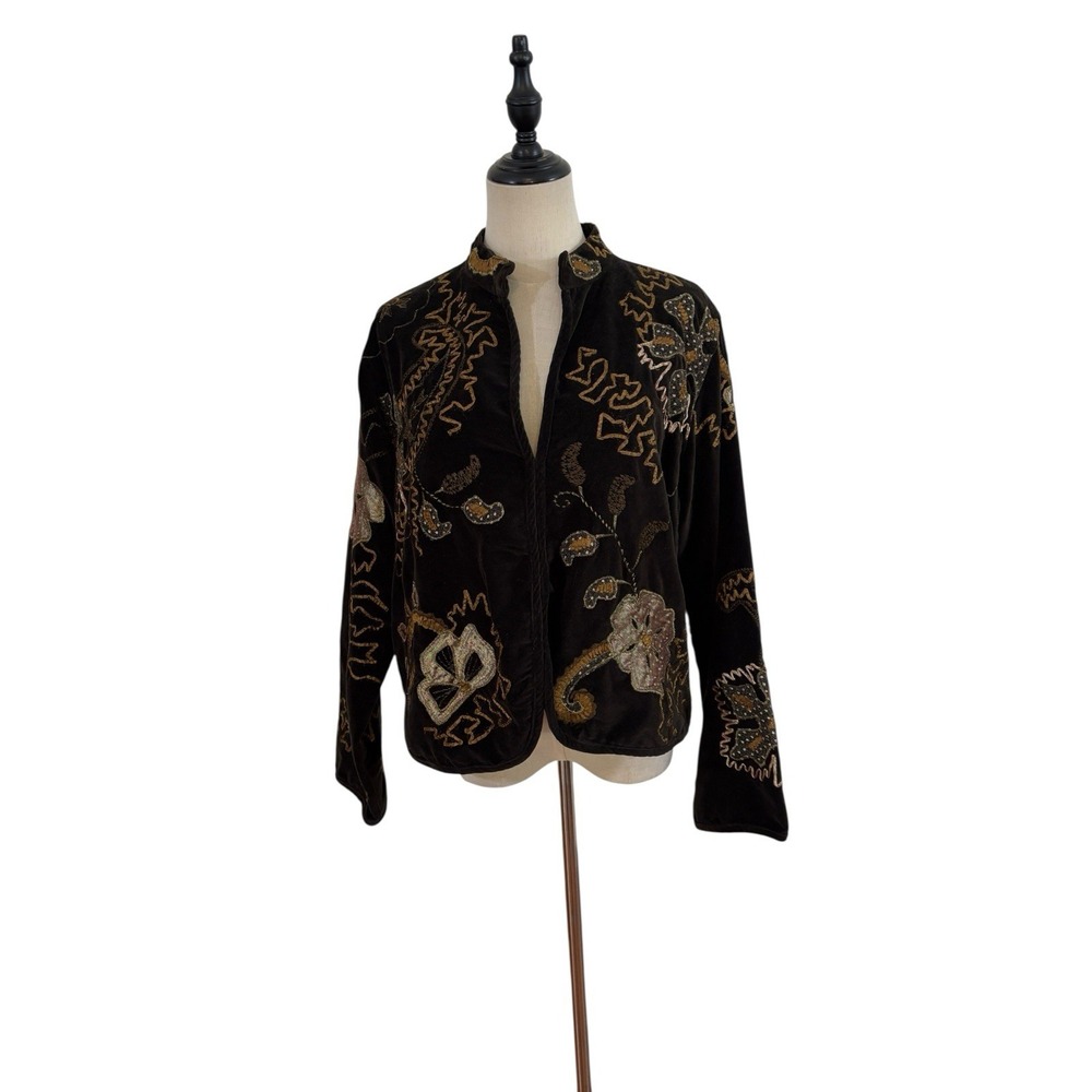Chicos‎ Brown Velvet Jacket Sz 2 Embroidered Boho Glam Fall Thanksgiving Floral